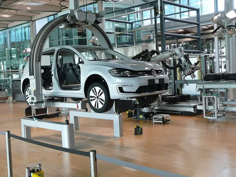Robotic window fitting for a Volkswagen e-Golf at the Gläserne Manufaktur in Dresden, Germany, 2017.